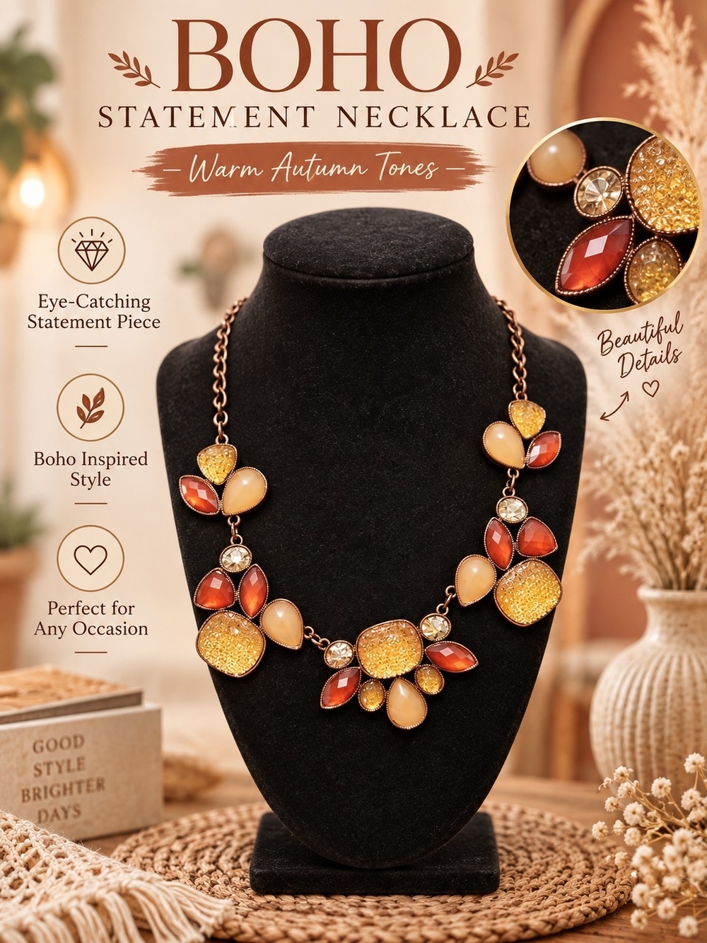 Lane Bryant Boho Statement Necklace in Amber, Gold, and Cream Tones